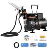 Airbrush Kit, Dual Fan Air Compressor Professional Airbrushing System Kit with 3 Airbrushes, Holder, Color Mixing Wheel, Cleaning Brush Set